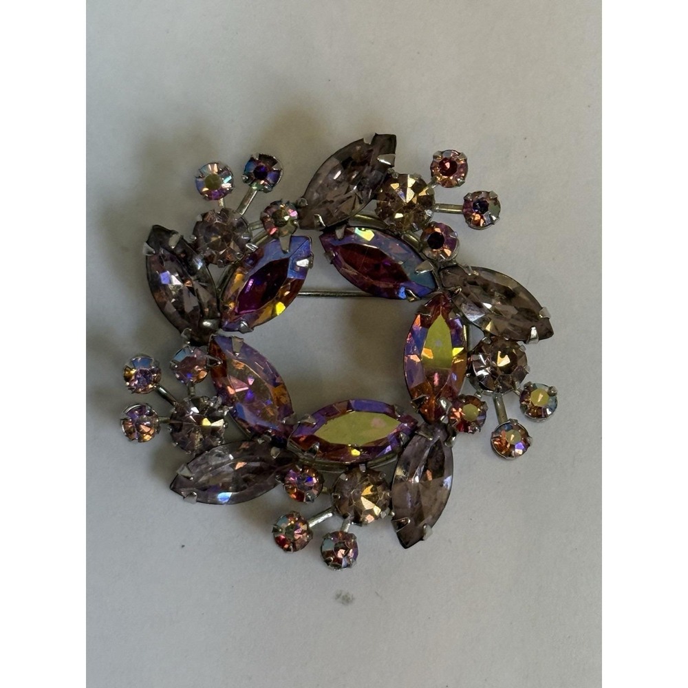 Vintage Pink / Purple Iridescent Brooch Silver Tone Gorgeous Pin